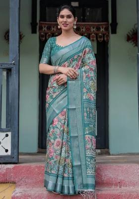 Green Printed Cotton Linen Saree Set