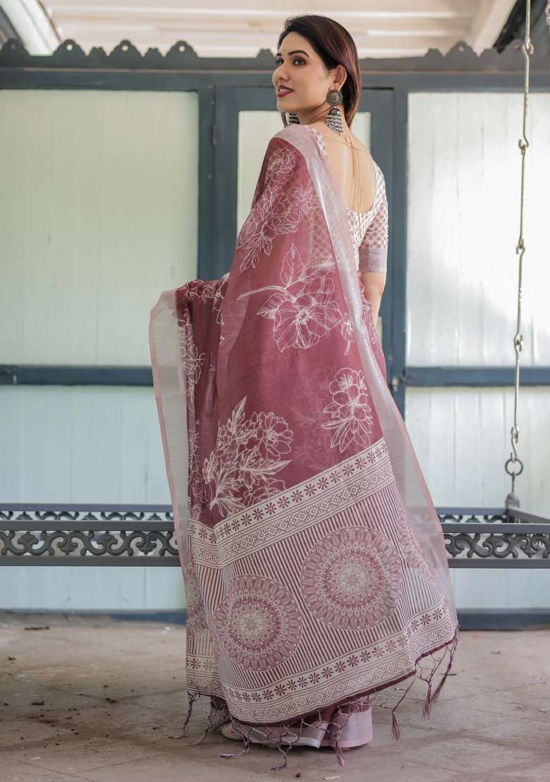 Maroon Printed Cotton Linen Saree Set - Indya