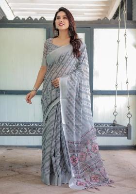 Pastel Printed Cotton Linen Saree Set