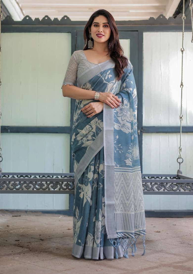 Blue Printed Cotton Linen Saree Set - Indya