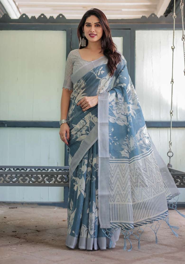 Blue Printed Cotton Linen Saree Set - Indya