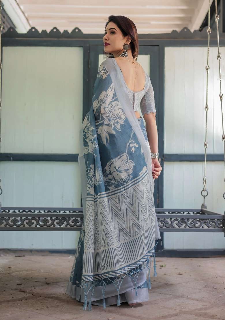 Blue Printed Cotton Linen Saree Set - Indya