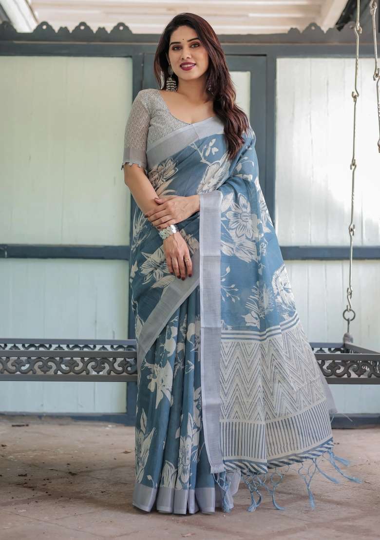 Blue Printed Cotton Linen Saree Set - Indya