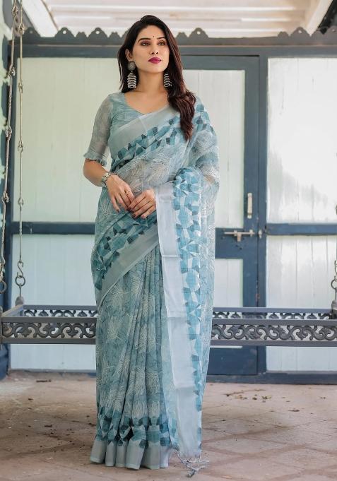 Blue Printed Cotton Linen Saree Set