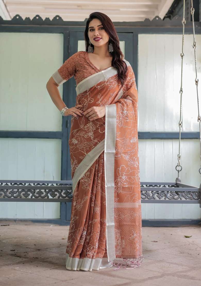 Brown Printed Cotton Linen Saree Set - Indya