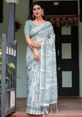 Green Printed Cotton Linen Saree Set