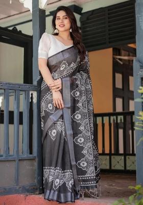 Black Printed Cotton Linen Saree Set