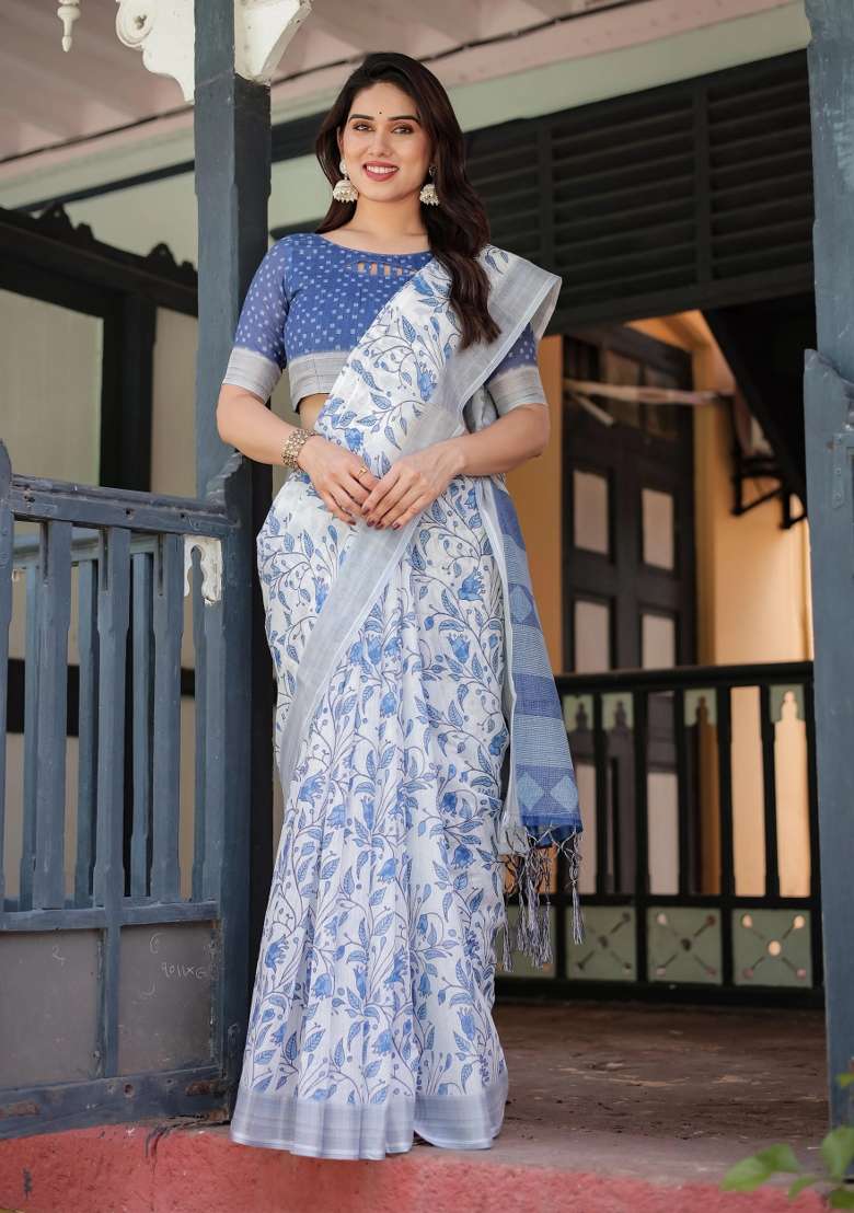 Blue Printed Cotton Linen Saree Set - Indya
