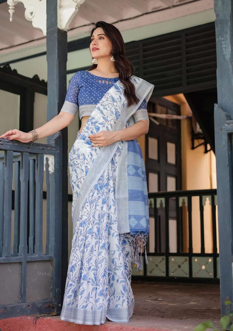 Blue Printed Cotton Linen Saree Set - Indya