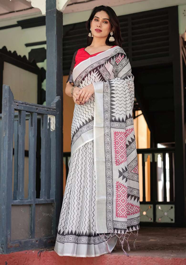Black Printed Cotton Linen Saree Set - Indya
