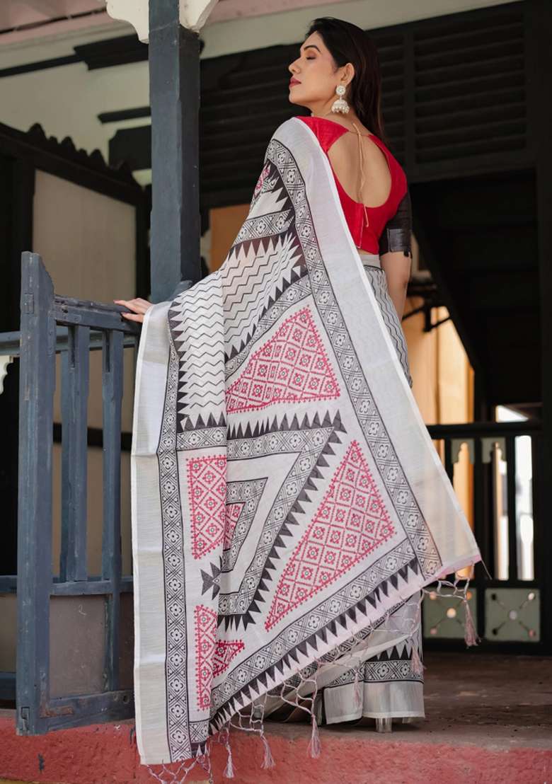 Black Printed Cotton Linen Saree Set - Indya