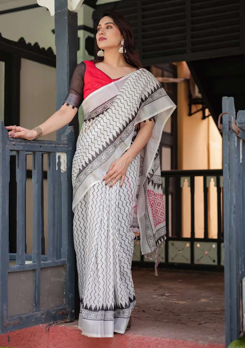 Black Printed Cotton Linen Saree Set - Indya