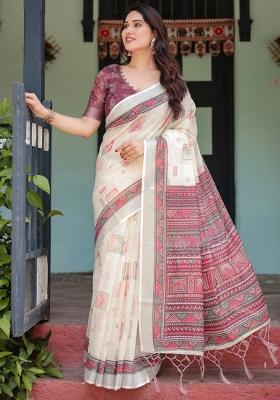 White Printed Cotton Linen Saree Set