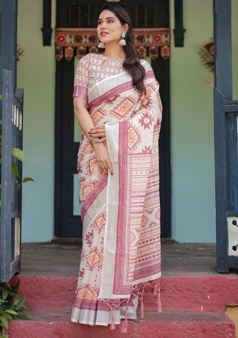 Cream Printed Cotton Linen Saree Set - Indya