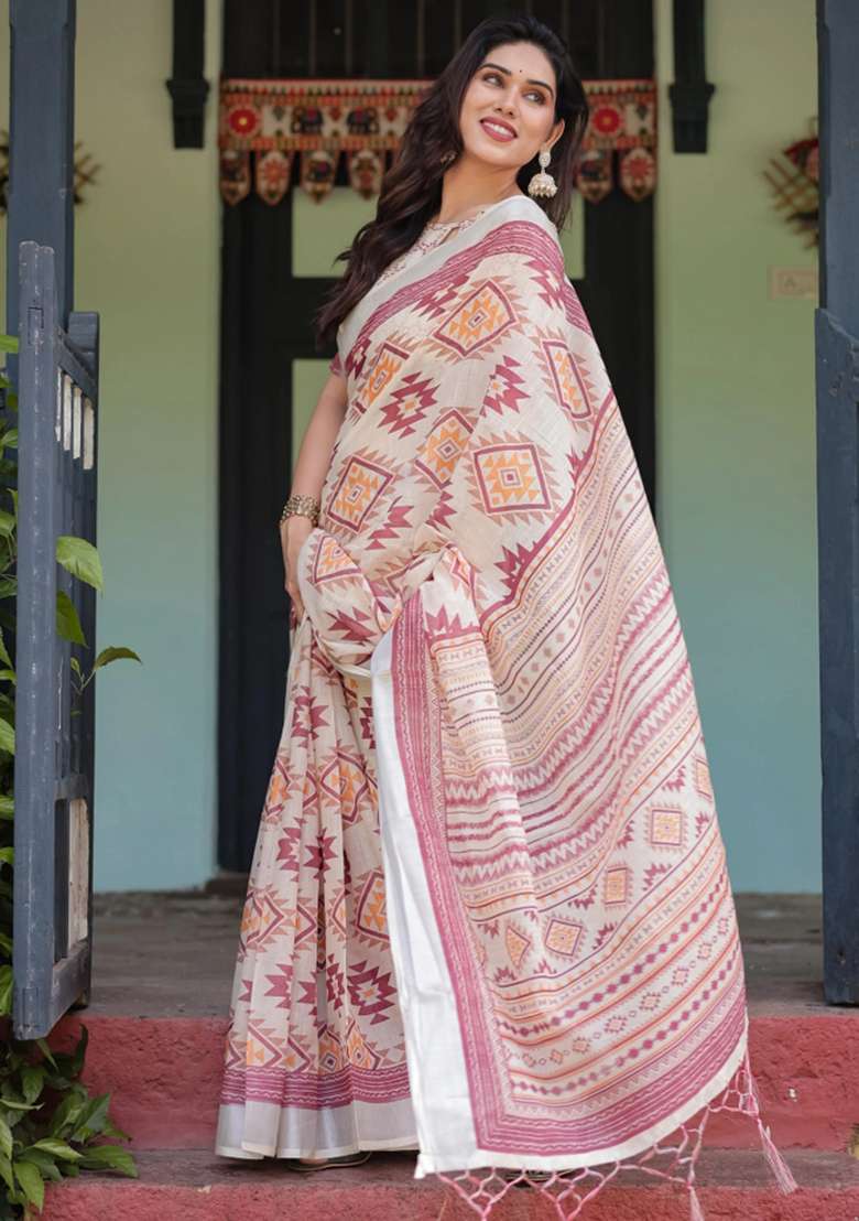 Cream Printed Cotton Linen Saree Set - Indya