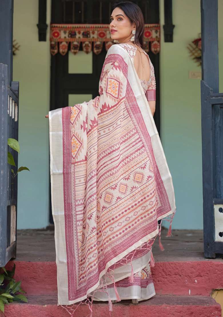 Cream Printed Cotton Linen Saree Set - Indya