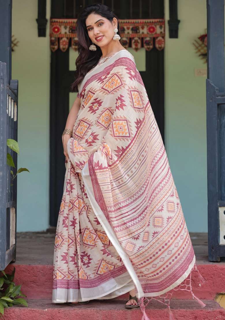 Cream Printed Cotton Linen Saree Set - Indya