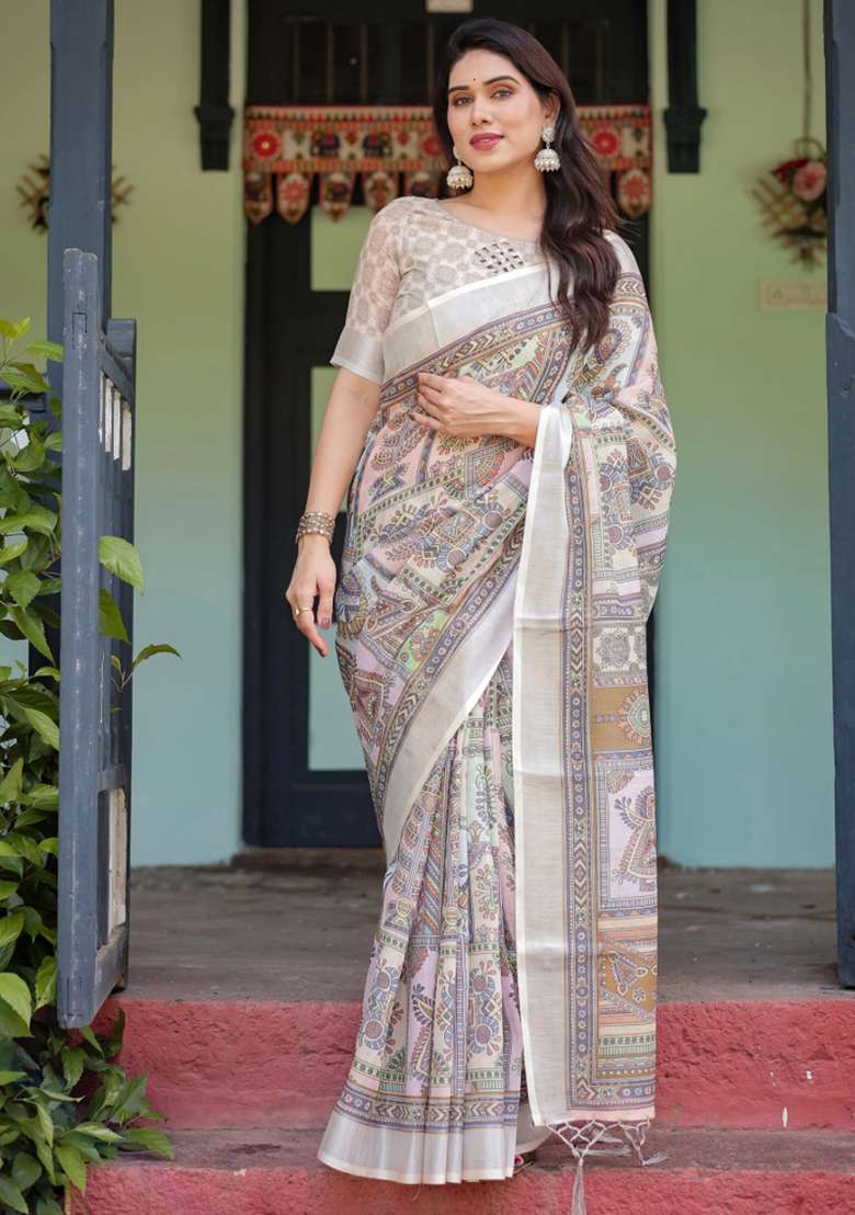 Cream Printed Cotton Linen Saree Set - Indya