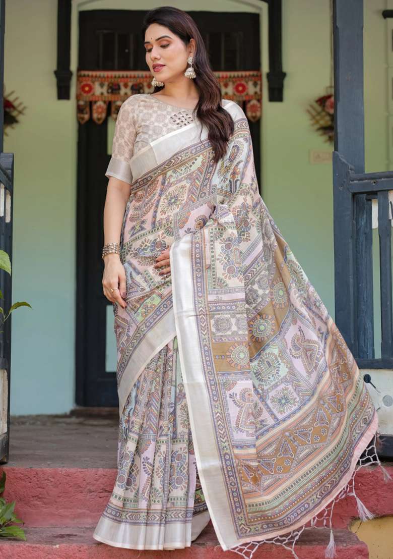 Cream Printed Cotton Linen Saree Set - Indya