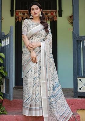 Beige Printed Cotton Linen Saree Set