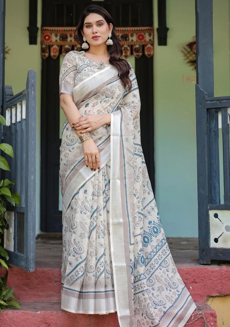Beige Printed Cotton Linen Saree Set