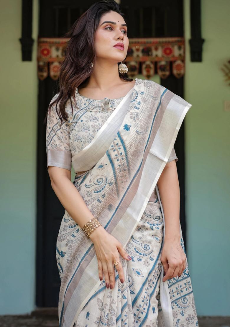 Beige Printed Cotton Linen Saree Set