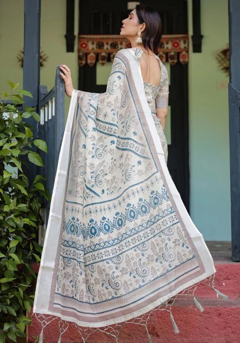 Beige Printed Cotton Linen Saree Set
