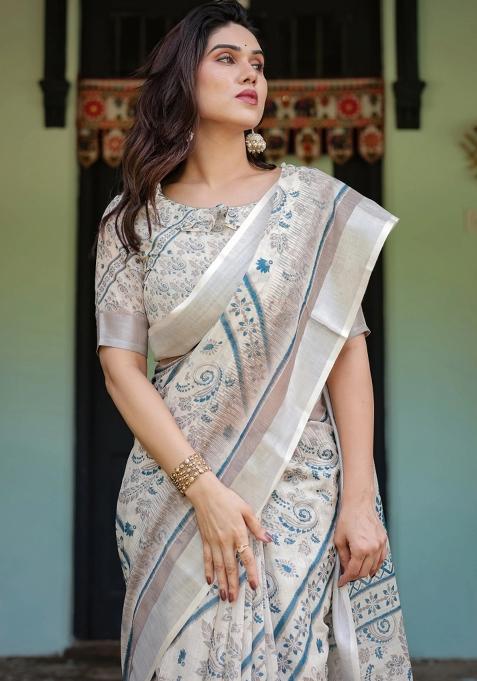 Beige Printed Cotton Linen Saree Set
