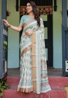 Beige Printed Cotton Linen Saree Set