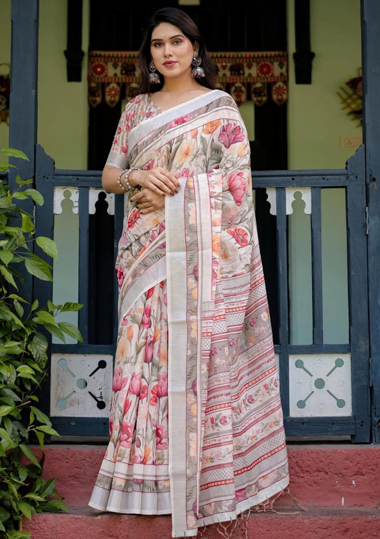 Multicolor Printed Cotton Linen Saree Set