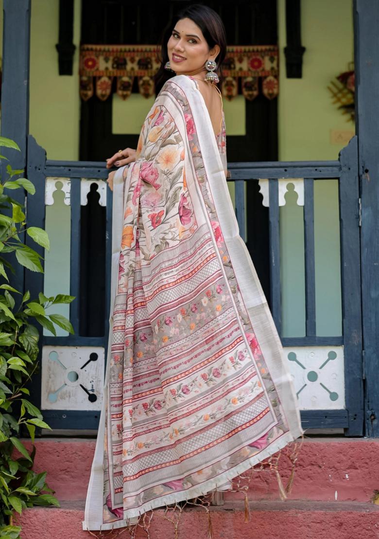 Multicolor Printed Cotton Linen Saree Set