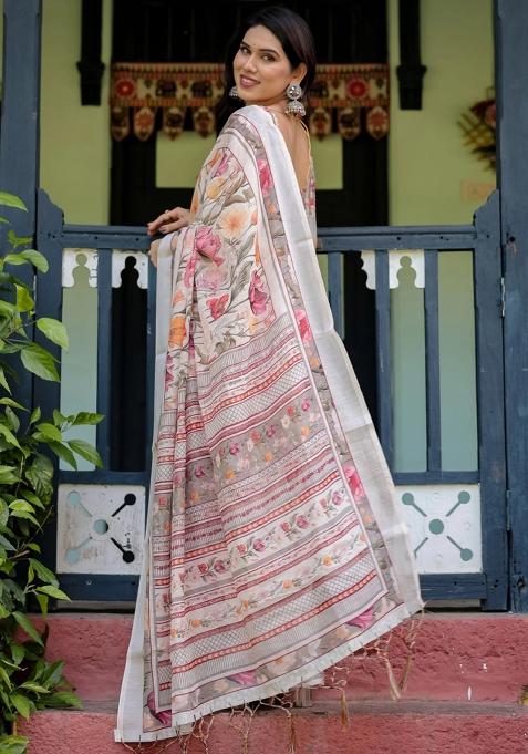 Multicolor Printed Cotton Linen Saree Set