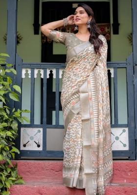 Beige Printed Cotton Linen Saree Set