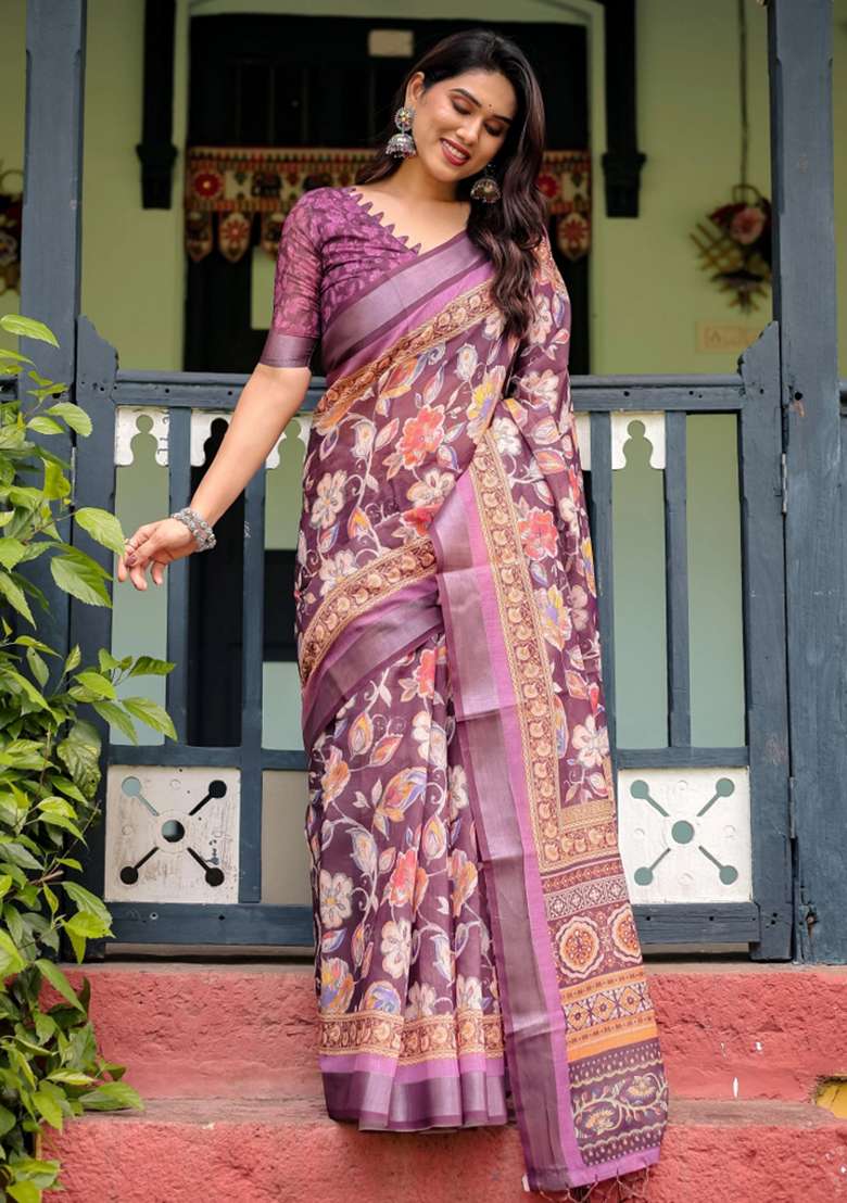 Purple Printed Cotton Linen Saree Set - Indya