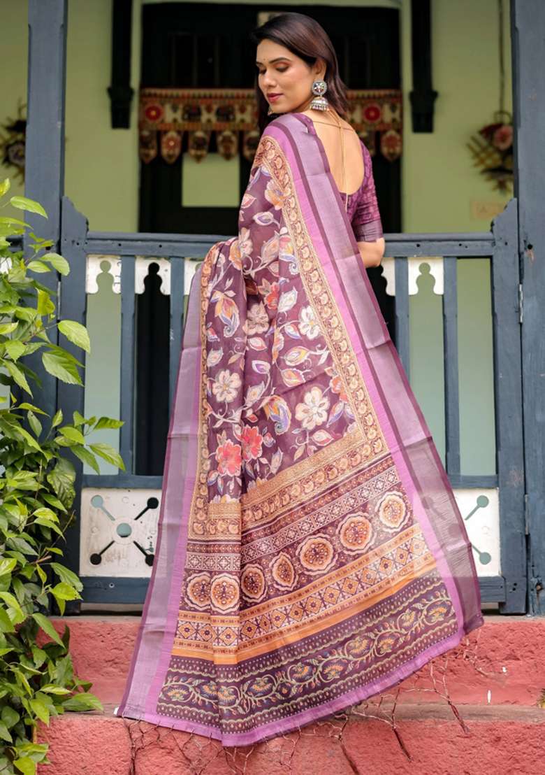Purple Printed Cotton Linen Saree Set - Indya