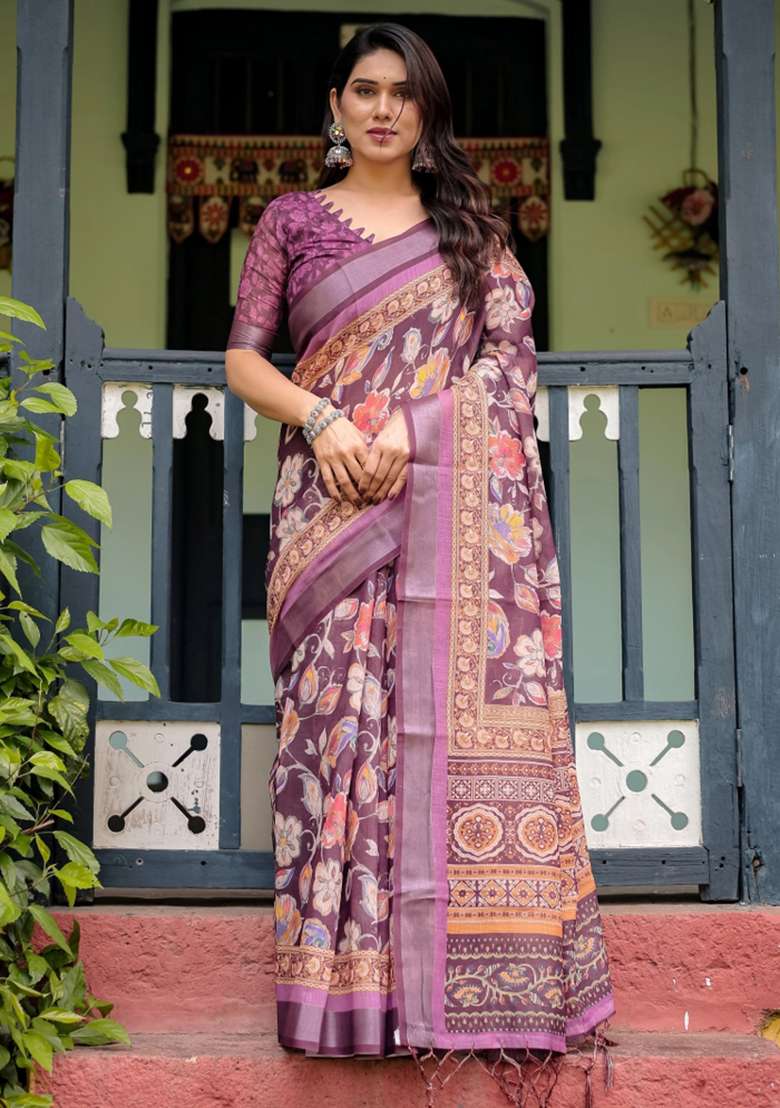 Purple Printed Cotton Linen Saree Set - Indya