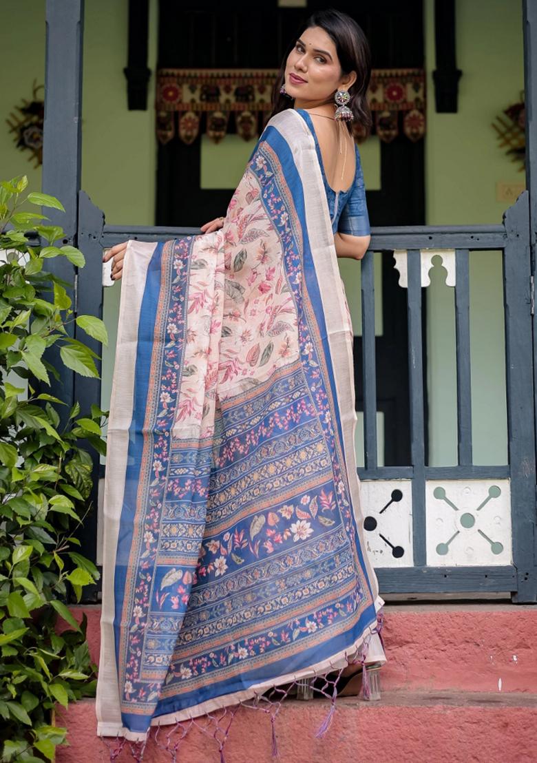 Blue Printed Cotton Linen Saree Set