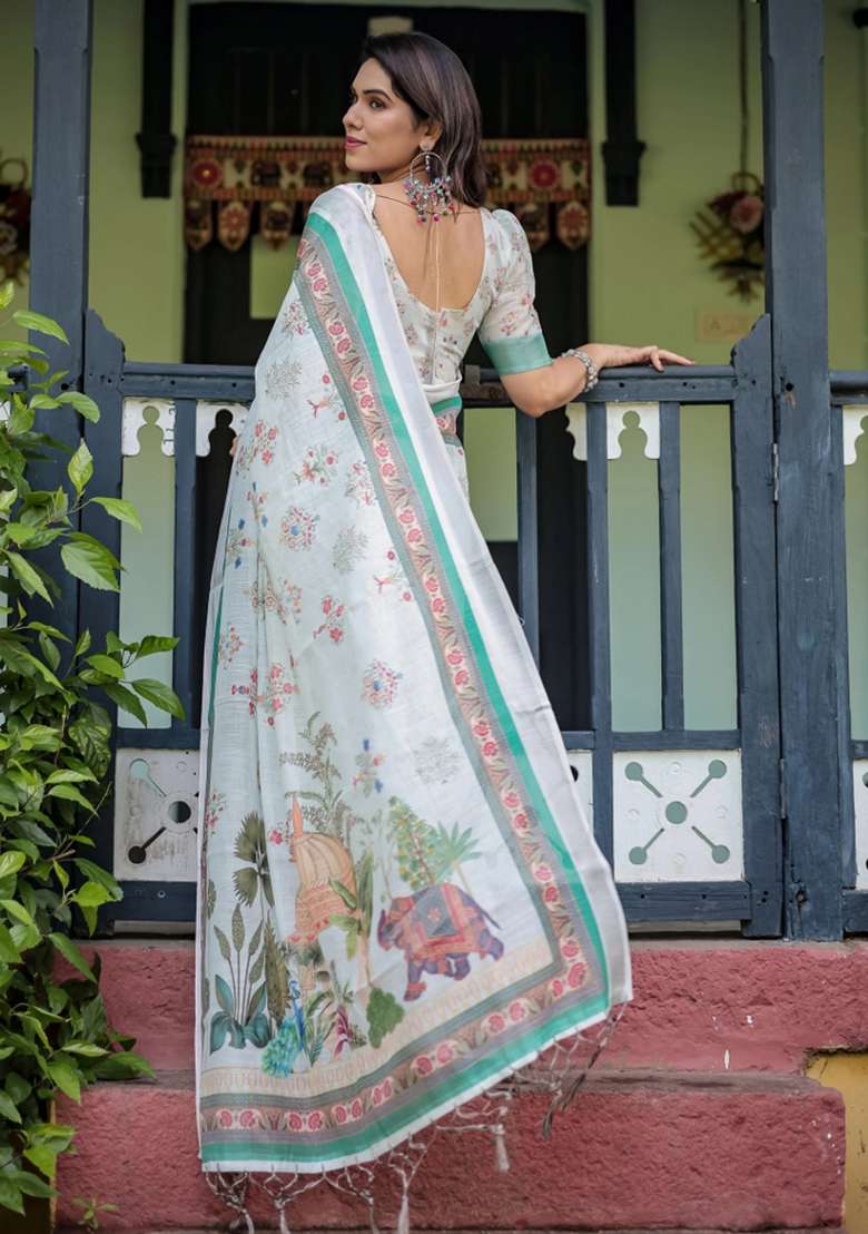 Ivory Printed Cotton Linen Saree Set - Indya