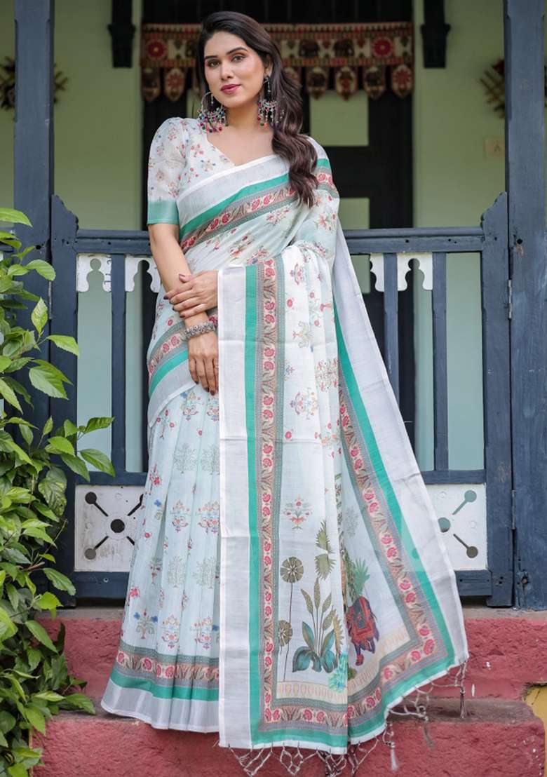 Ivory Printed Cotton Linen Saree Set - Indya