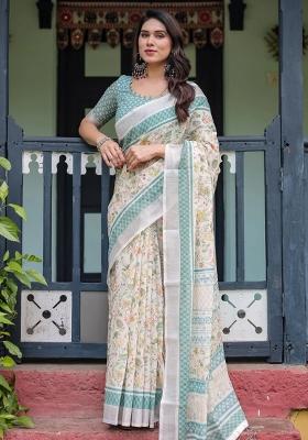 Multicolor Printed Cotton Linen Saree Set