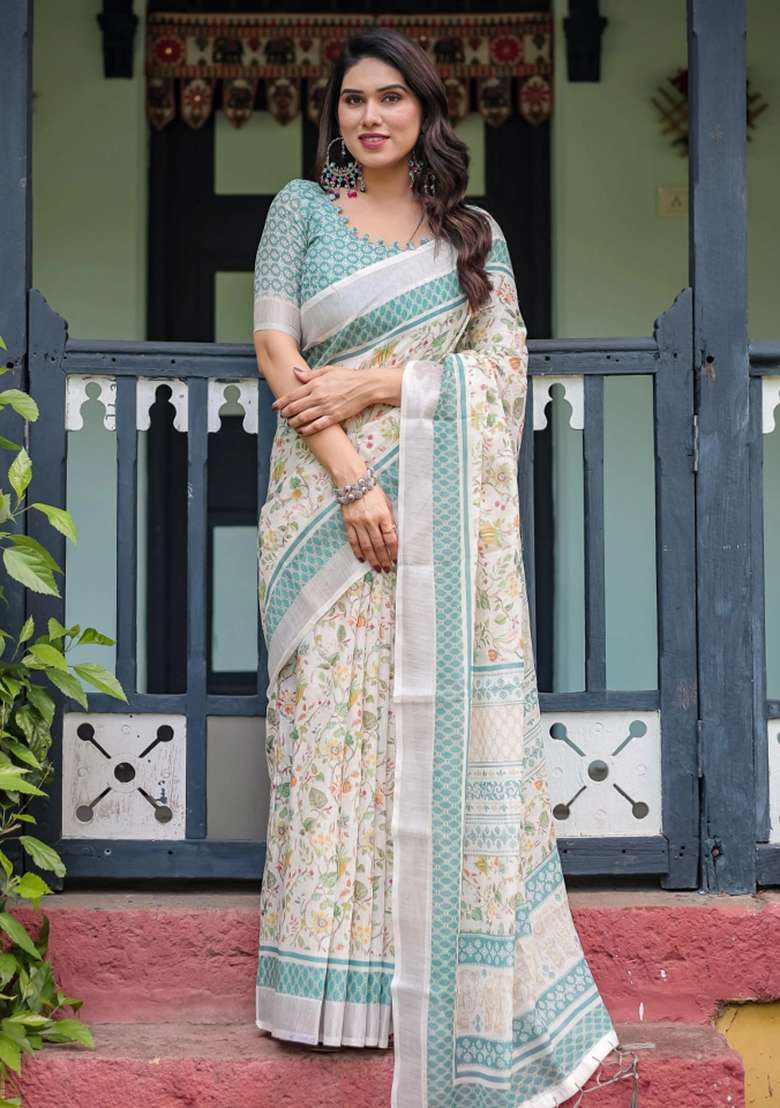 Multicolor Printed Cotton Linen Saree Set - Indya