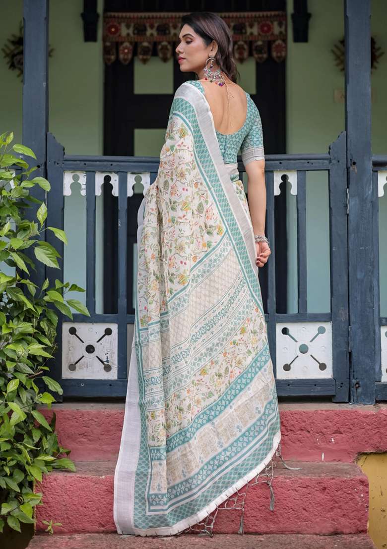 Multicolor Printed Cotton Linen Saree Set - Indya