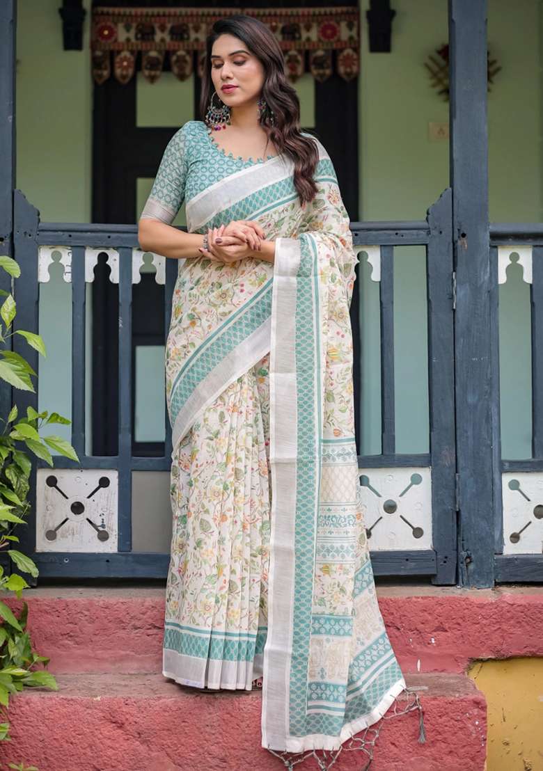 Multicolor Printed Cotton Linen Saree Set - Indya