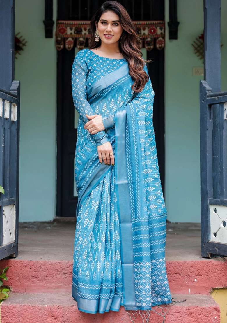 Turquoise Printed Cotton Linen Saree Set - Indya