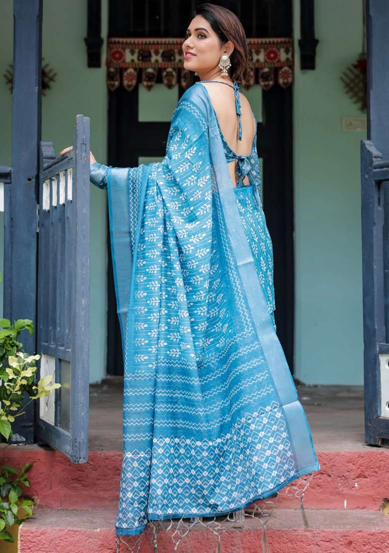 Turquoise Printed Cotton Linen Saree Set - Indya