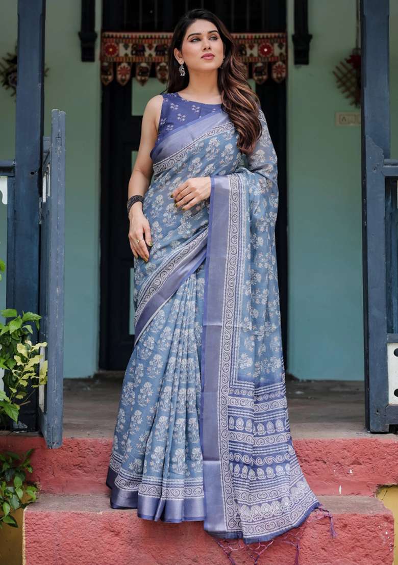 Blue Printed Cotton Linen Saree Set - Indya