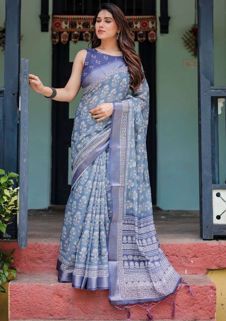 Blue Printed Cotton Linen Saree Set - Indya