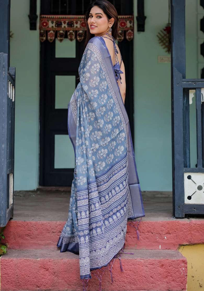 Blue Printed Cotton Linen Saree Set - Indya