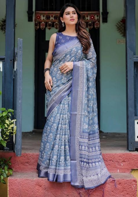 Blue Printed Cotton Linen Saree Set