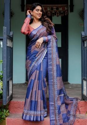 Blue Printed Cotton Linen Saree Set
